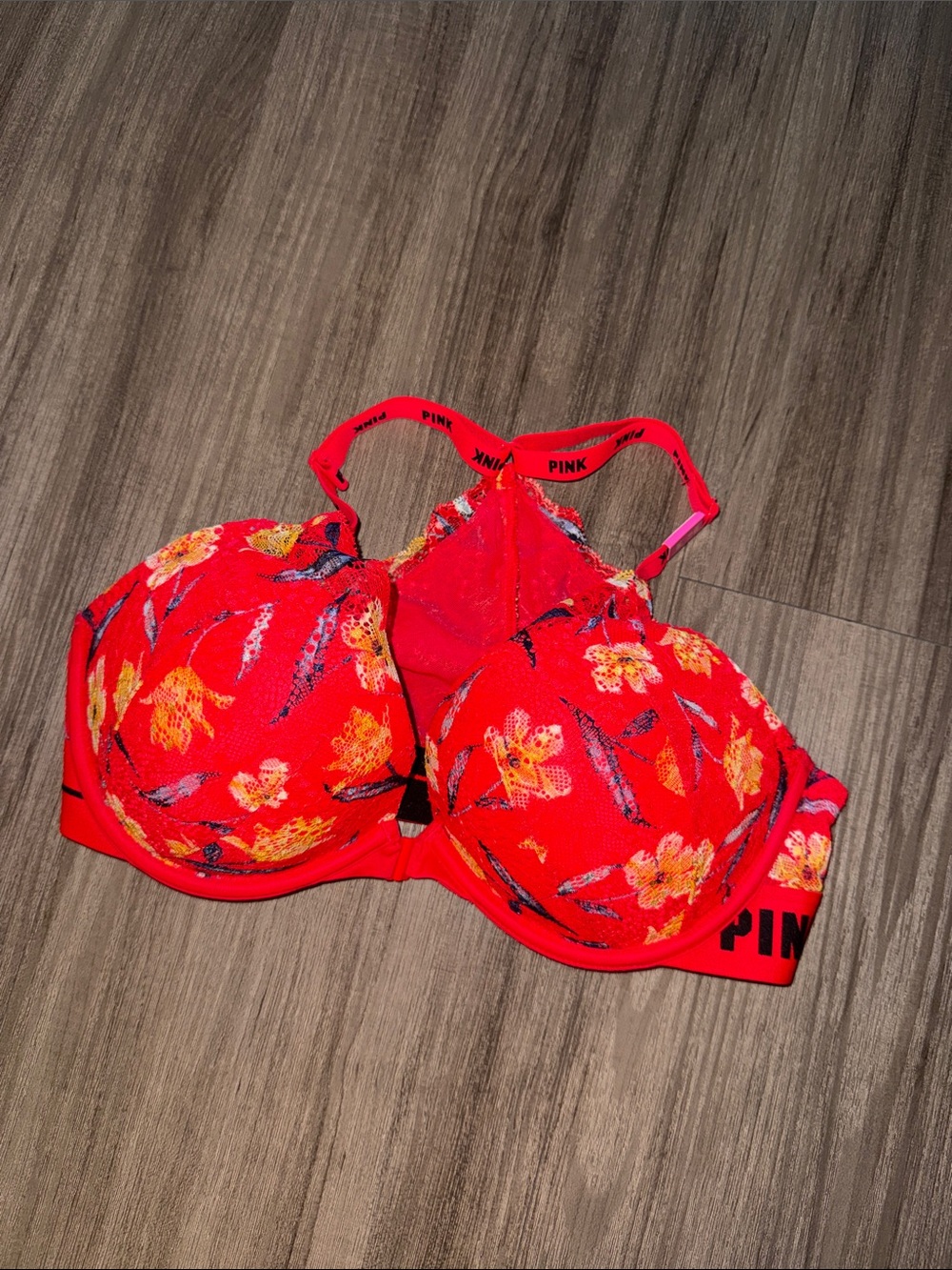 PINK Red Floral Lace Bralette with Branded Elastic
